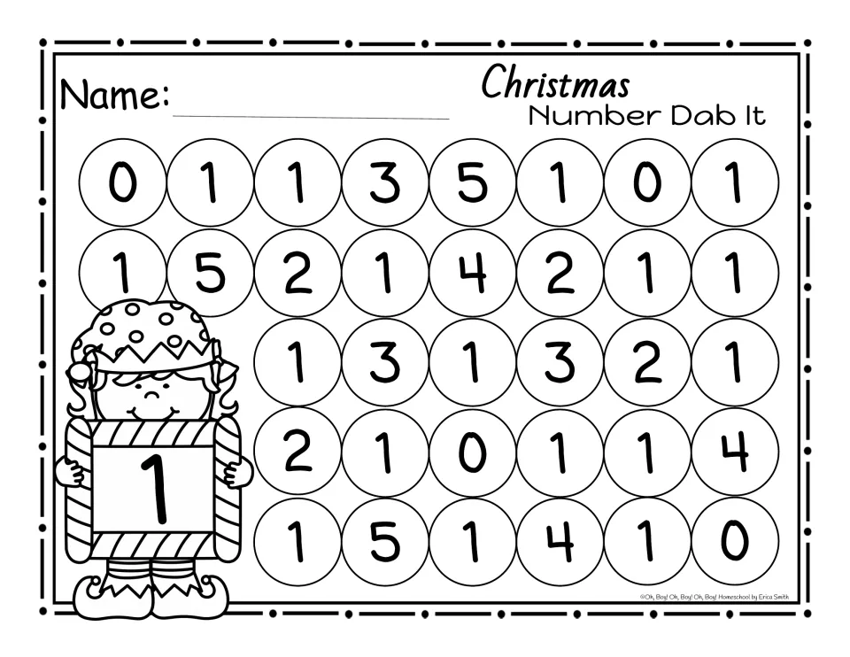 Number 1 Dab It sheet: an elf holds a striped frame showing 1, next to circles of numbers 0 to 5 to dab