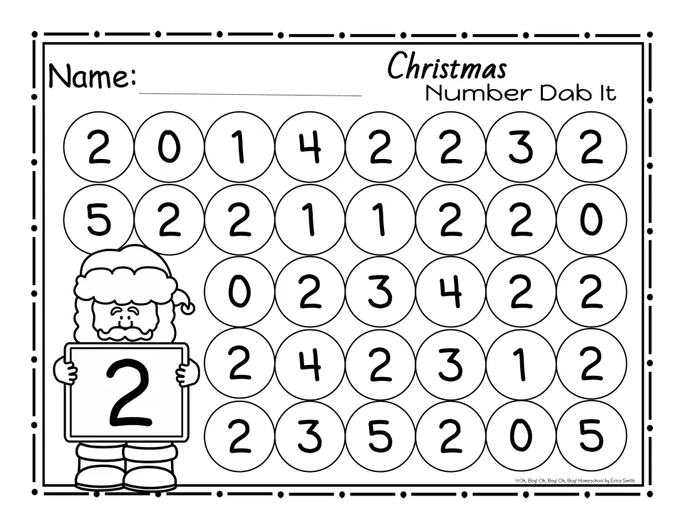 Dab It page for 2: Santa holds a sign with 2; circles mix 2s with 0, 1, 3, 4 and 5 for students to find