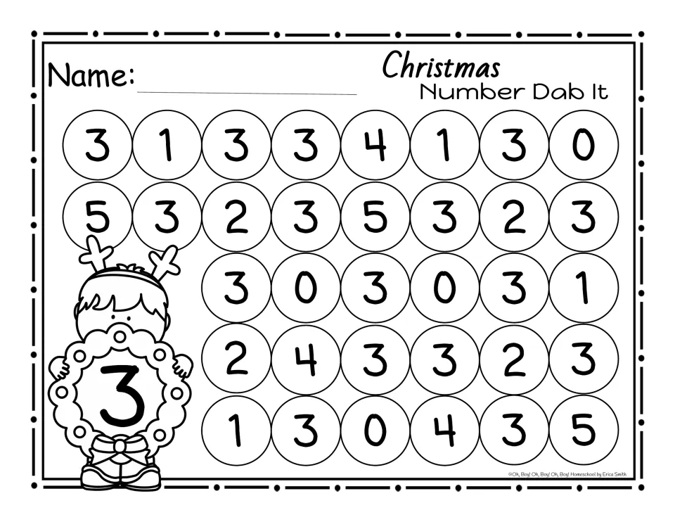 Number 3 page: a child in reindeer antlers holds a wreath with 3, beside circled numbers 0 to 5 to dab