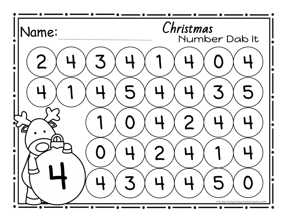Dab It sheet for 4: a reindeer with an ornament showing 4; circled numbers 0 to 5, with 4 as the target