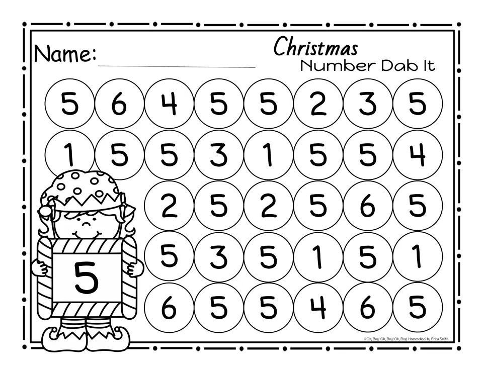 Number 5 Dab It page: an elf holds a striped frame with 5; circles mix 5s with 1, 2, 3, 4 and 6
