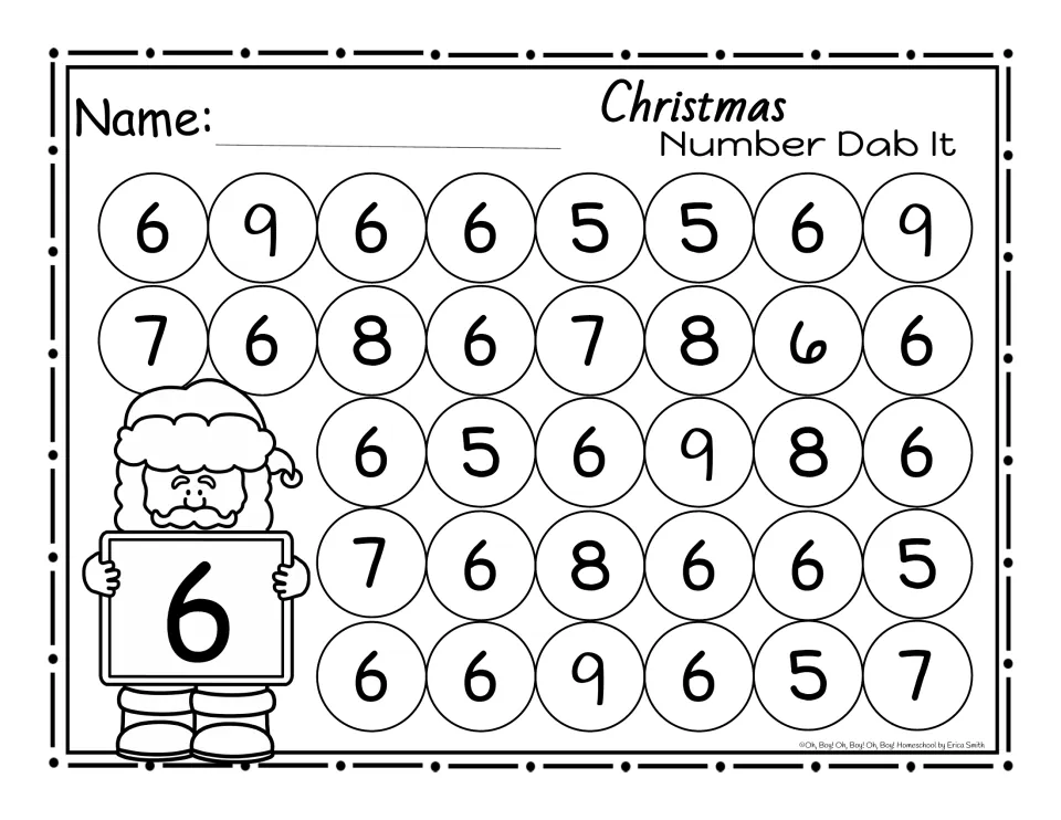 Dab It page for 6: Santa shows a sign with 6; the circles mix 6s with 5, 7, 8 and 9 for students to dab
