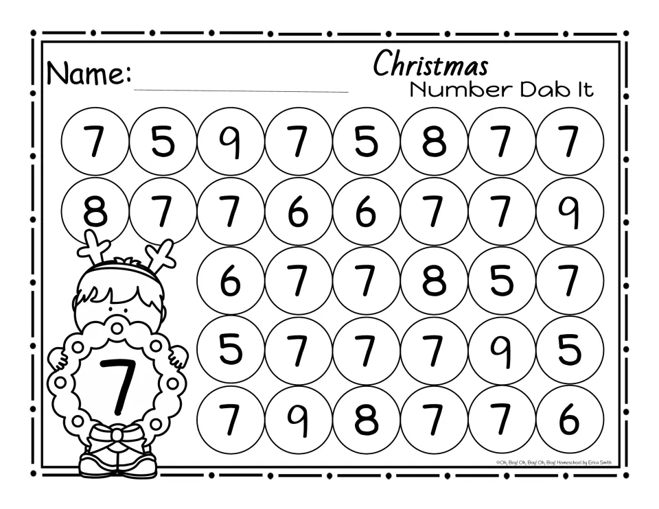 Number 7 sheet: a child in antlers holds a wreath with 7; 7s are mixed with 5, 6, 8 and 9 in the circles