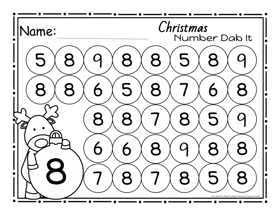 Dab It page for 8: a reindeer holds an ornament with 8; circles mix 8s with 5, 6, 7 and 9 to dab