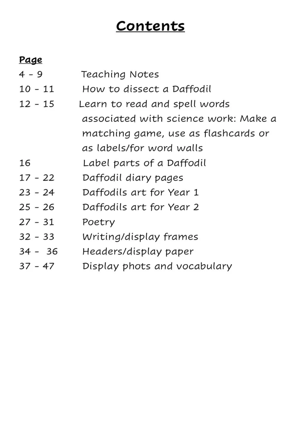 Contents list for the daffodil pack: teaching notes, dissection, vocabulary cards, labeling, diary pages, art and poetry