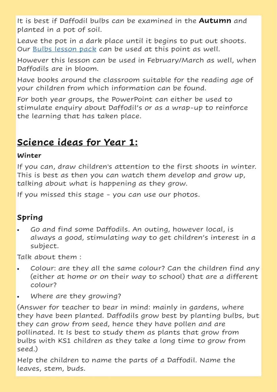 Teaching notes on daffodil bulbs and Year 1 science ideas: watching winter shoots, a spring outing and naming plant parts