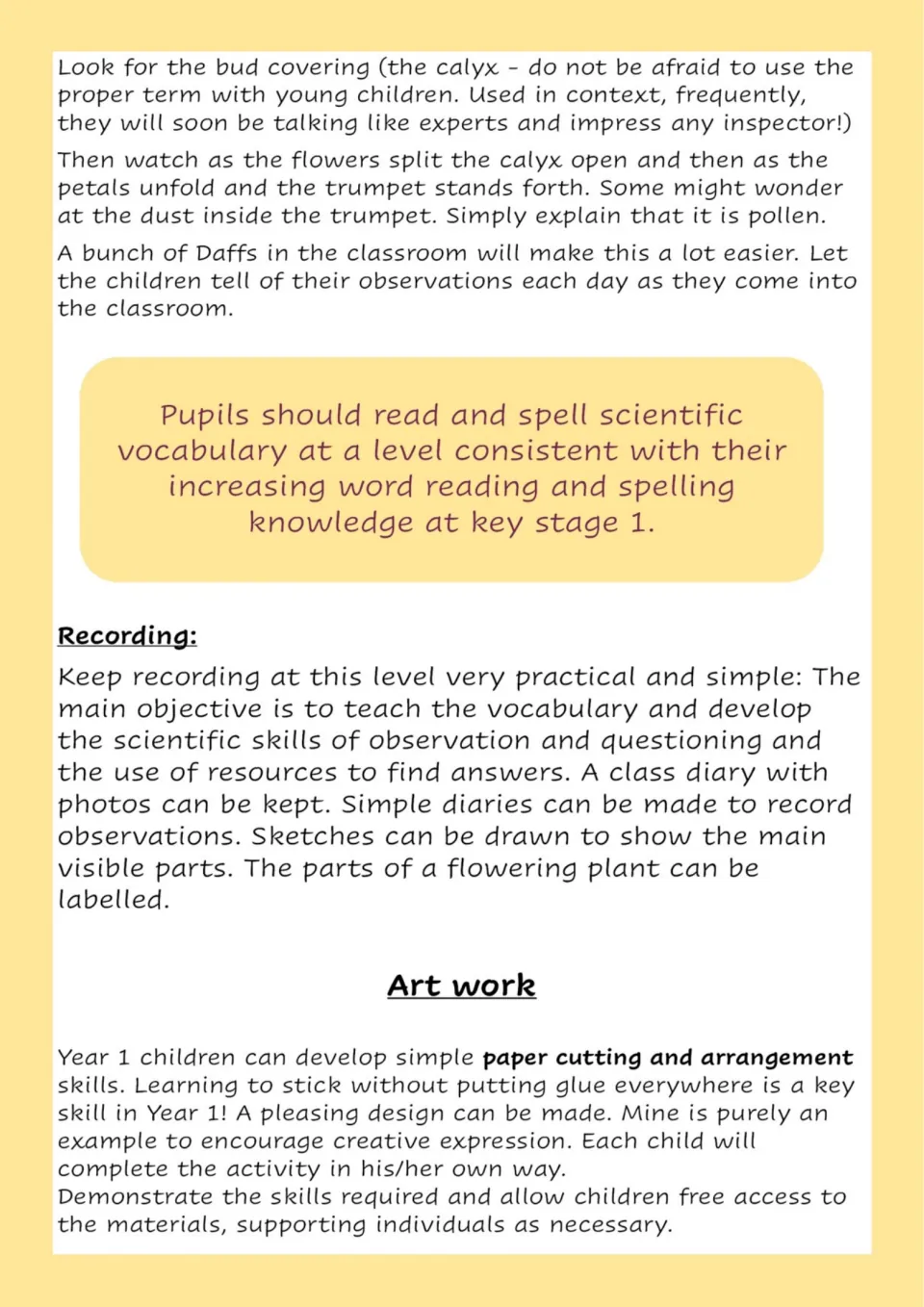 Year 1 notes on the calyx and pollen, reading science vocabulary, keeping simple observation diaries and paper-cutting art