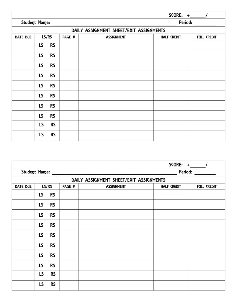 Exit assignment tracker, two per page: students log date due, LS/RS, page number and task for half or full credit