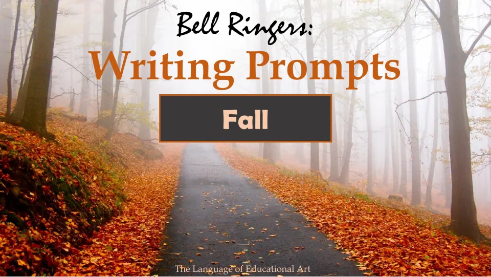 Cover of the fall writing bell-ringer presentation, labeled 'Bell Ringers: Writing Prompts' and 'Fall'