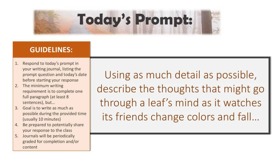 Writing bell-ringer prompt to describe a leaf's thoughts as it watches its friends change colors and fall