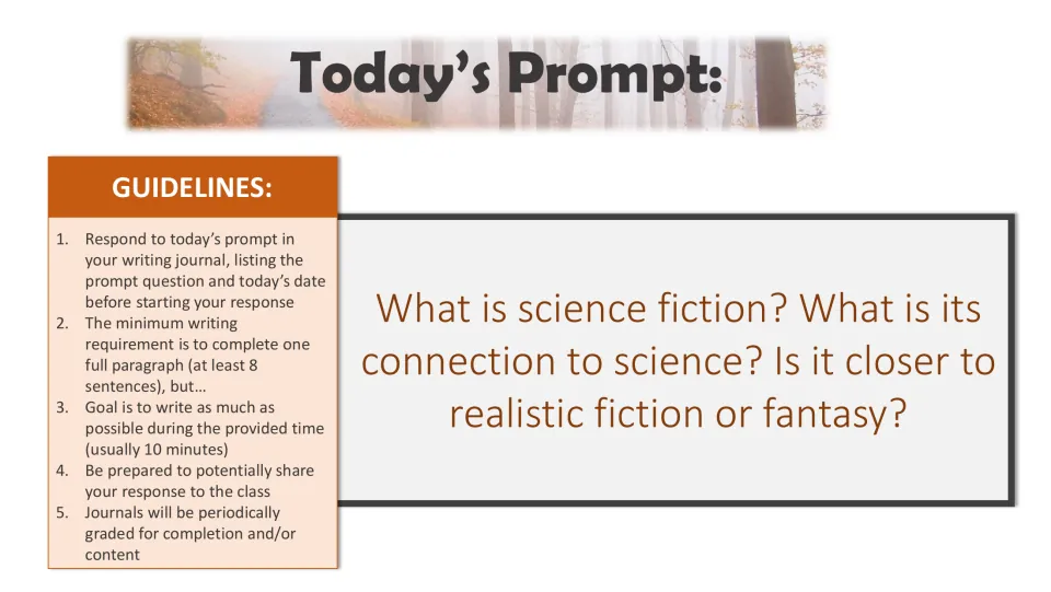 Writing bell-ringer prompt asking how science fiction connects to science, realistic fiction, and fantasy