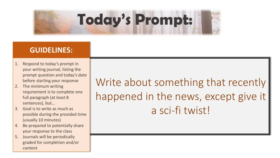 Writing bell-ringer prompt asking students to write about a recent news event with a science fiction twist