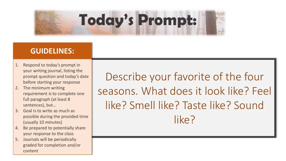 Writing bell-ringer prompt to describe your favorite season through sight, touch, smell, taste, and sound
