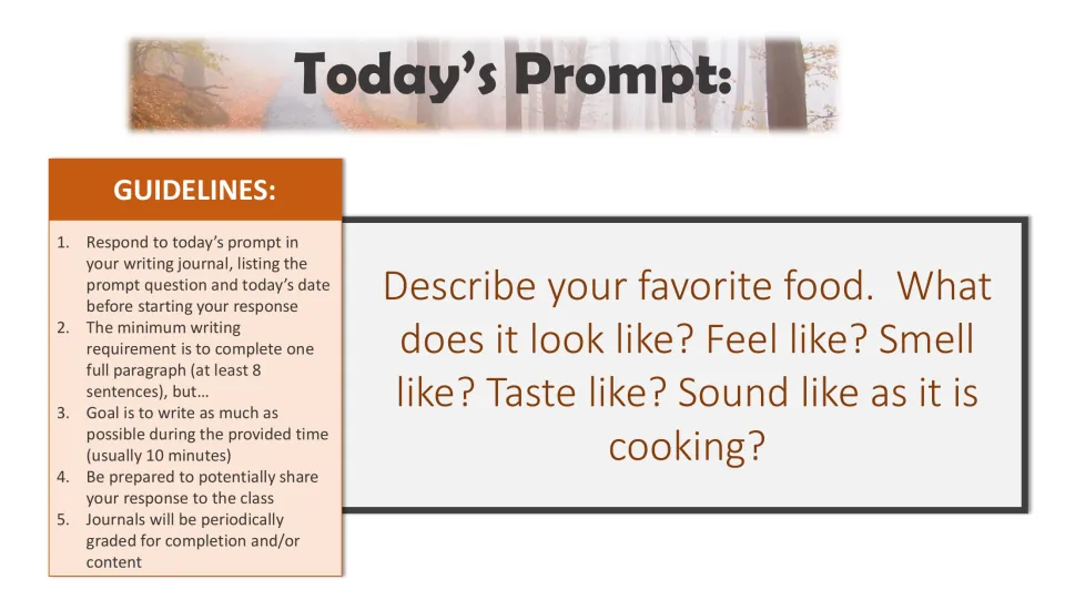Writing bell-ringer prompt to describe your favorite food using five senses, including sounds as it cooks
