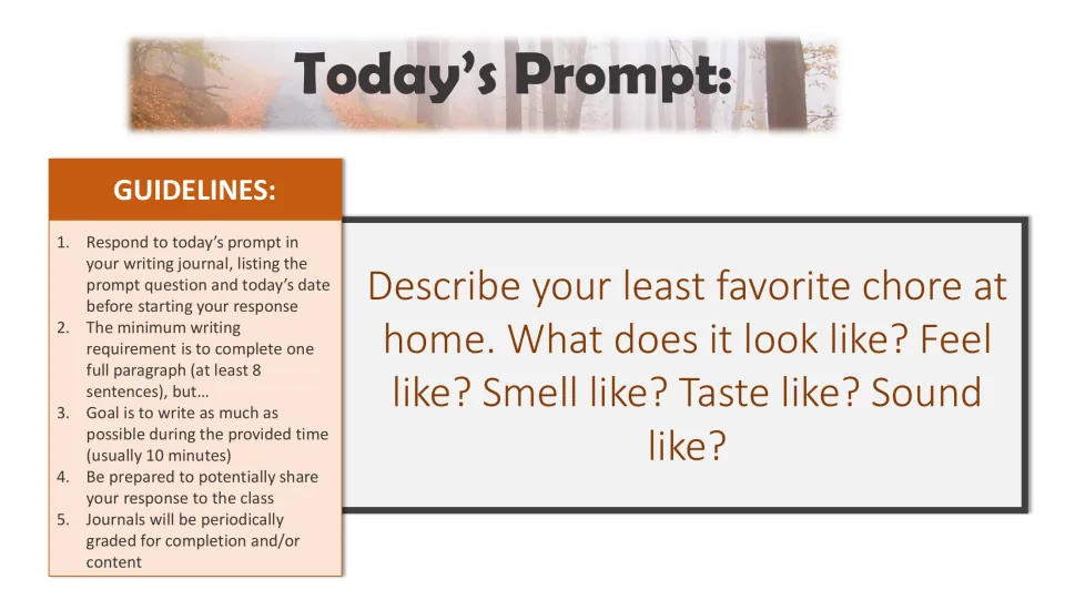 Writing bell-ringer prompt to describe your least favorite chore through sight, touch, smell, taste, and sound