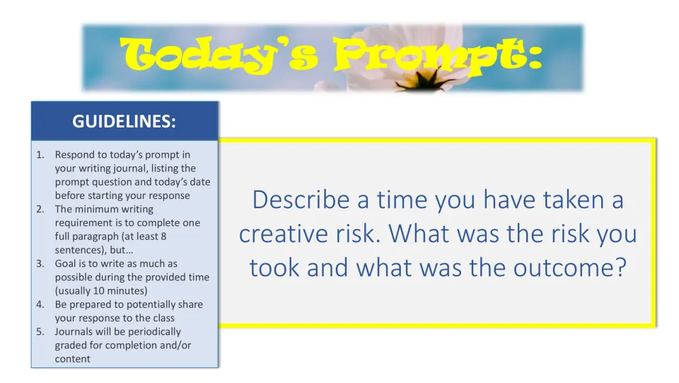 Personal narrative prompt: students recall a time they took a creative risk, what the risk was and how it turned out