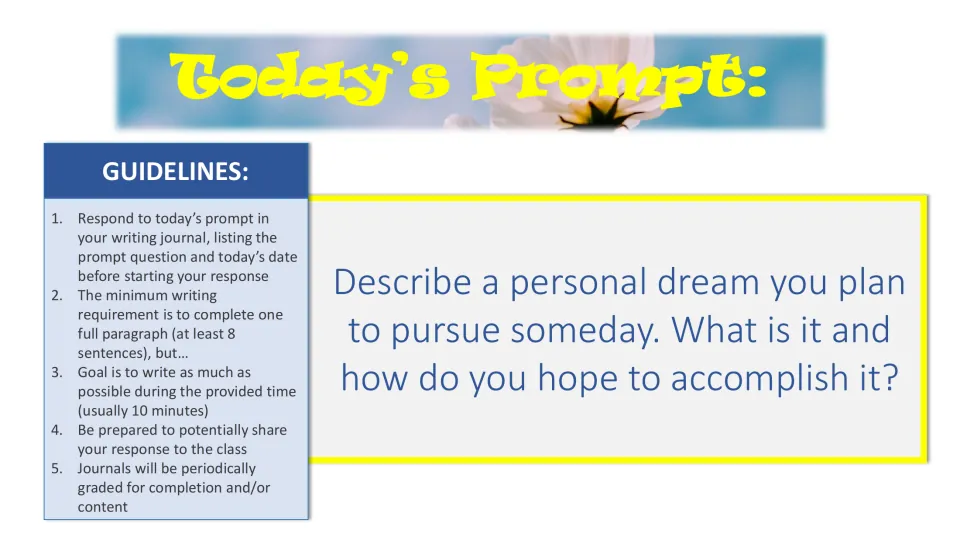 Goal-setting prompt: students describe a personal dream they plan to pursue someday and how they hope to accomplish it