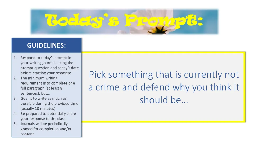 Argumentative writing prompt: students pick something that is not currently a crime and defend why they think it should be
