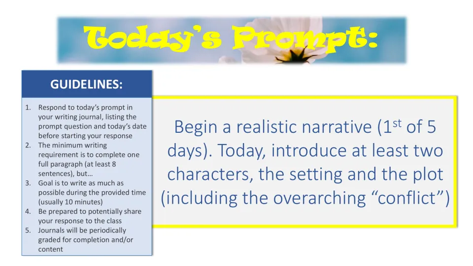 Realistic narrative, day 1 of 5: students begin a story by introducing two or more characters, setting, plot and conflict