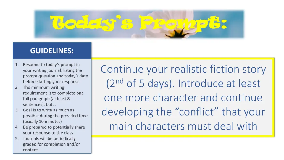 Realistic fiction, day 2 of 5: students add at least one more character and develop the conflict the main characters face