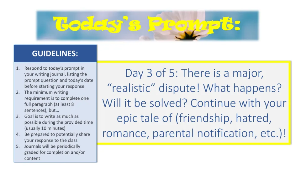 Story writing, day 3 of 5: students write a major realistic dispute into their tale: what happens and if it is solved
