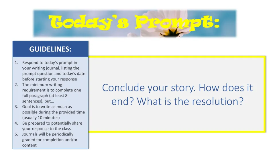 Story ending prompt: students conclude their narrative, describing how it ends and what the resolution of the conflict is