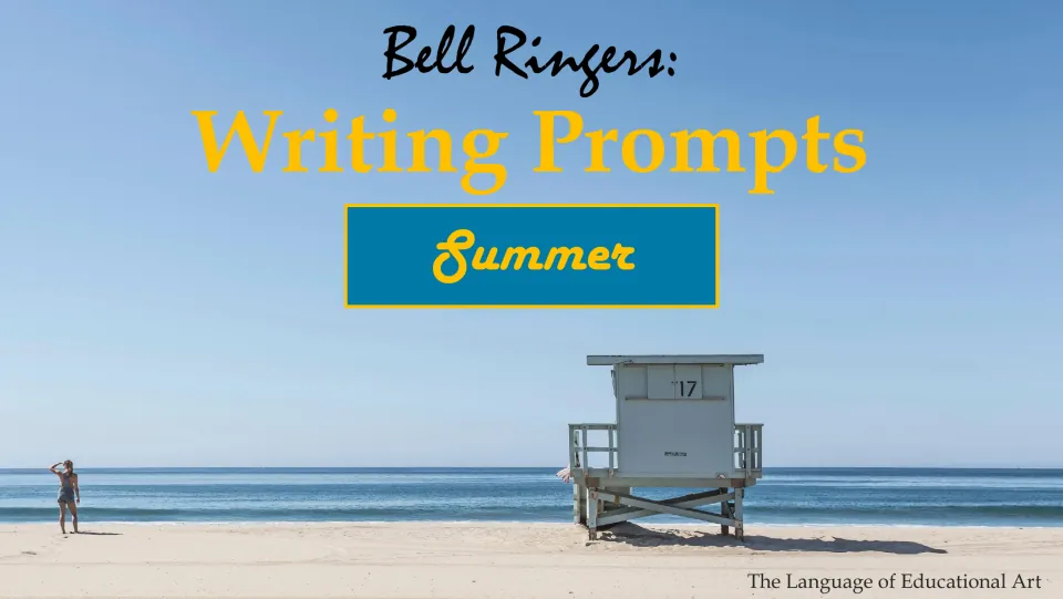 Cover for Bell Ringers: Writing Prompts, Summer, showing a beach lifeguard tower and a person standing by the ocean