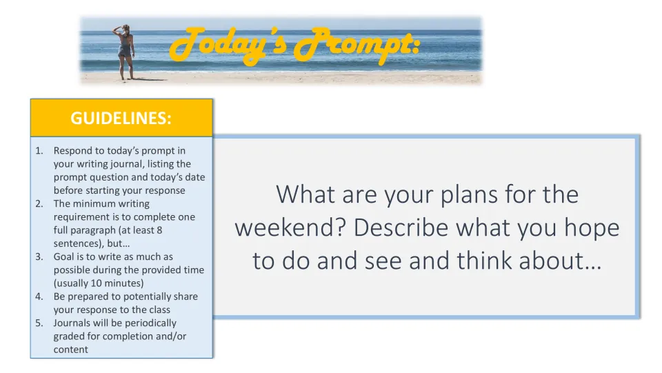 Weekend plans prompt: students describe what they hope to do, see and think about, writing a paragraph in their journal