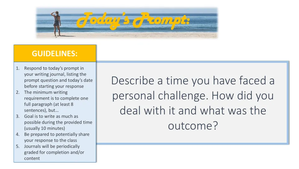 Personal challenge prompt: students recount a challenge they faced, how they dealt with it and what the outcome was