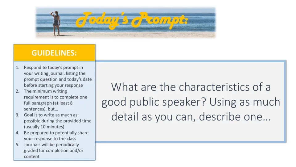 Public speaking prompt: students list traits of a good public speaker and describe one in detail in a journal paragraph