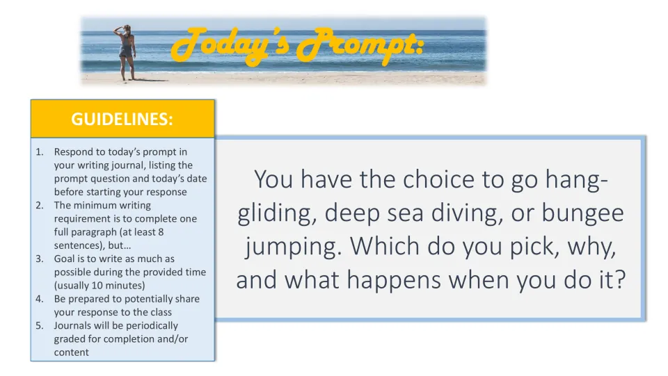 Adventure prompt: students pick hang-gliding, deep sea diving or bungee jumping, explain why and tell what happens