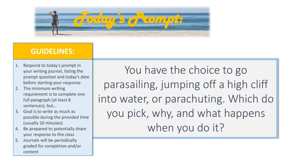 Thrill prompt: students choose parasailing, cliff jumping into water or parachuting, then explain why and what happens