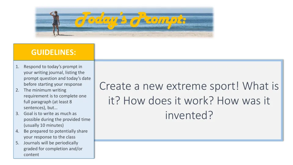 Invent-a-sport prompt: students create a new extreme sport and explain what it is, how it works and how it was invented