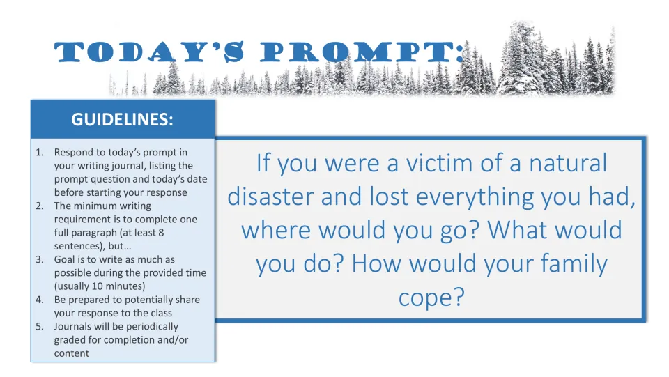 Natural disaster prompt: students write where they would go and how their family would cope after losing everything