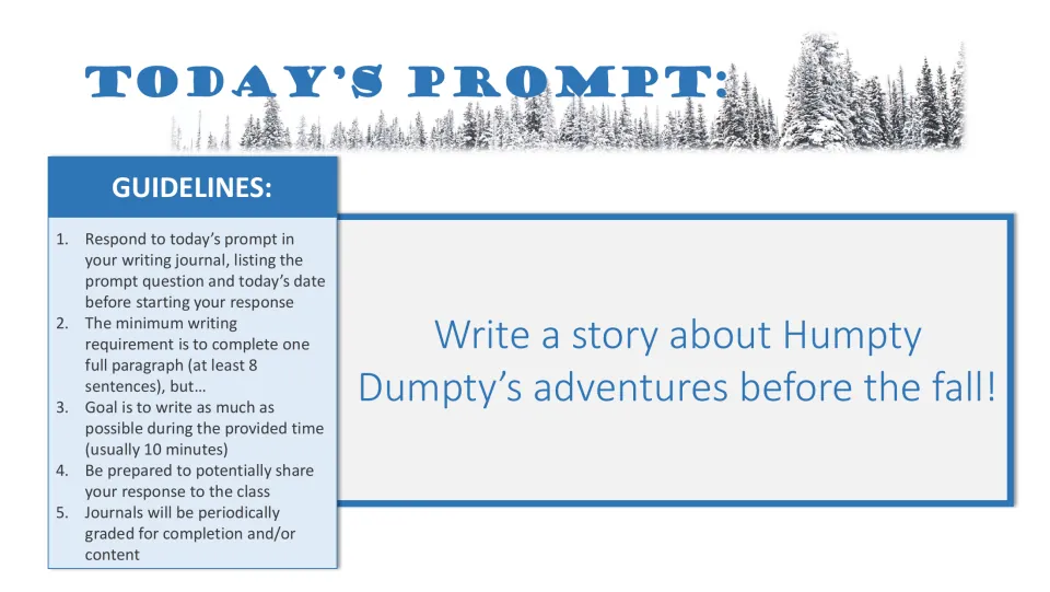 Humpty Dumpty prompt: students write a creative story about Humpty Dumpty's adventures before the fall