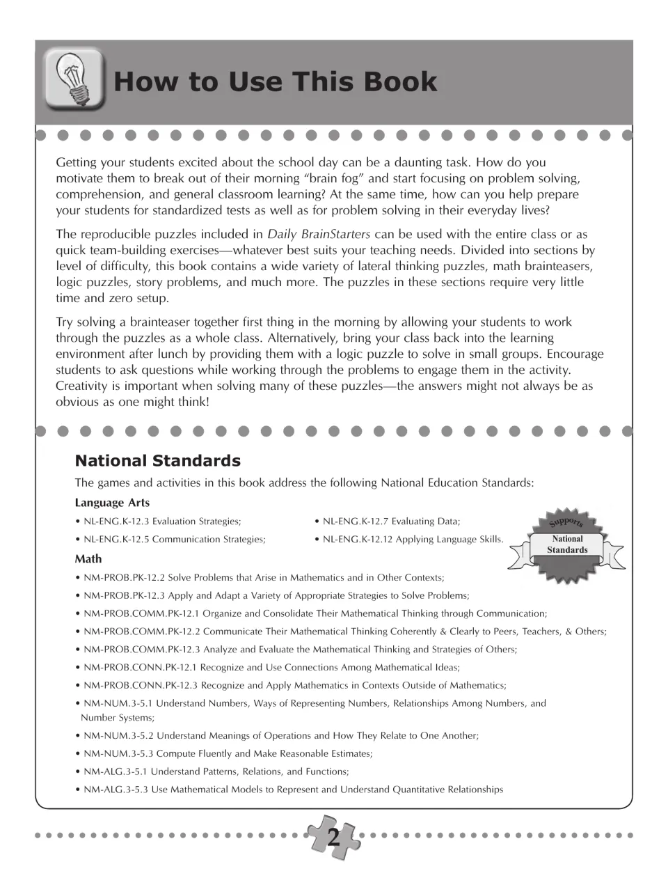Teacher guide explaining whole-class and small-group puzzle use, plus language arts and math standards