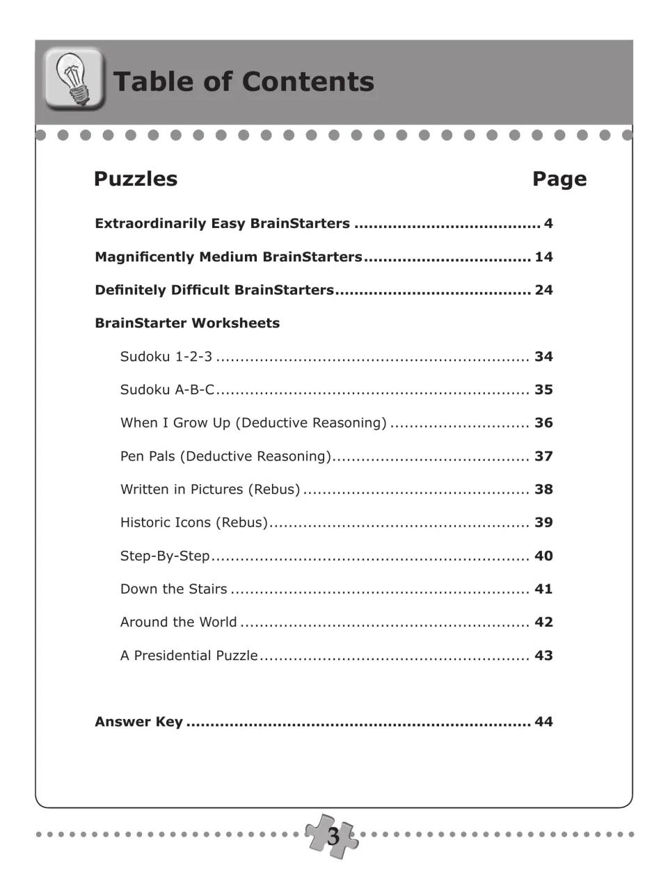 Table of contents listing easy, medium, and difficult puzzles, ten activity worksheets, and an answer key