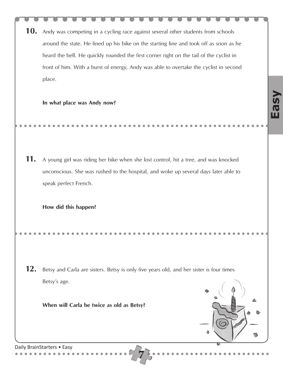 Easy puzzles 10–12 explore cycling race placement, a girl speaking French, and the ages of Betsy and Carla