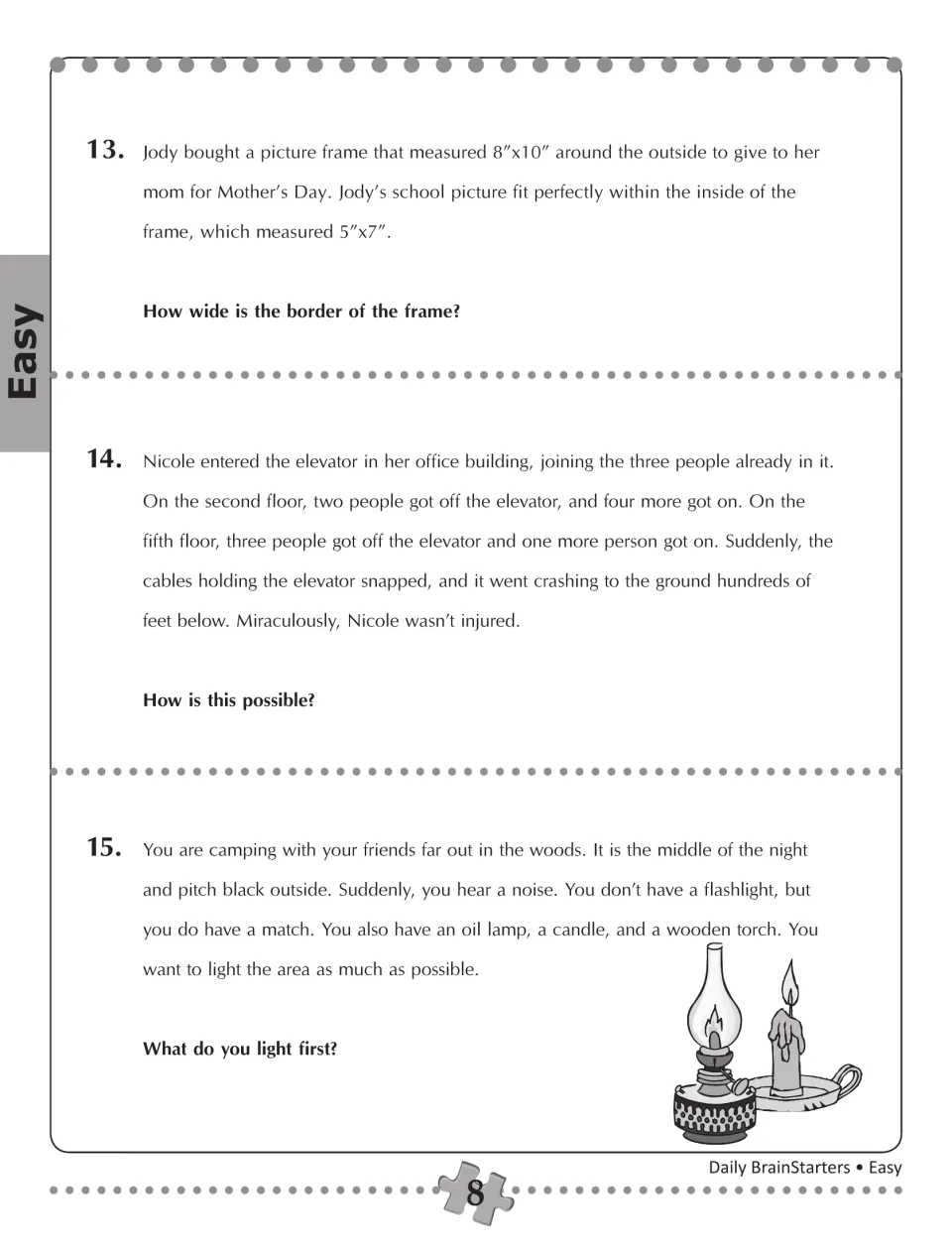 Easy puzzles 13–15 ask about a picture frame's width, Nicole surviving an elevator crash, and what to light first