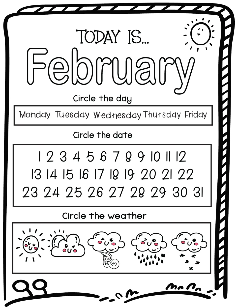 February 'Today is...' calendar: children circle Monday to Friday, a date 1-31 and sun, cloud, wind, rain or snow