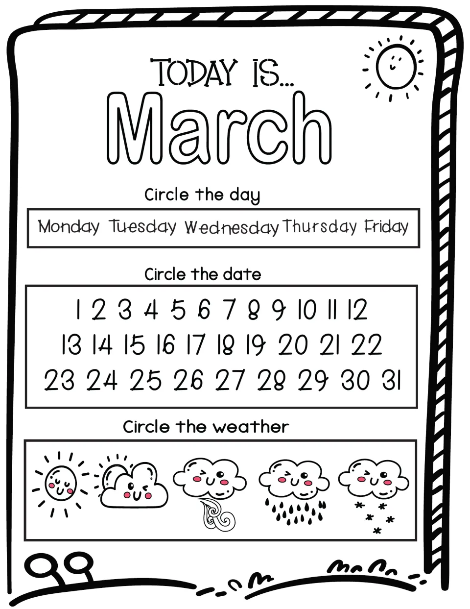 March calendar routine: students circle today's weekday, circle the date and pick sunny, cloudy, windy, rainy or snowy