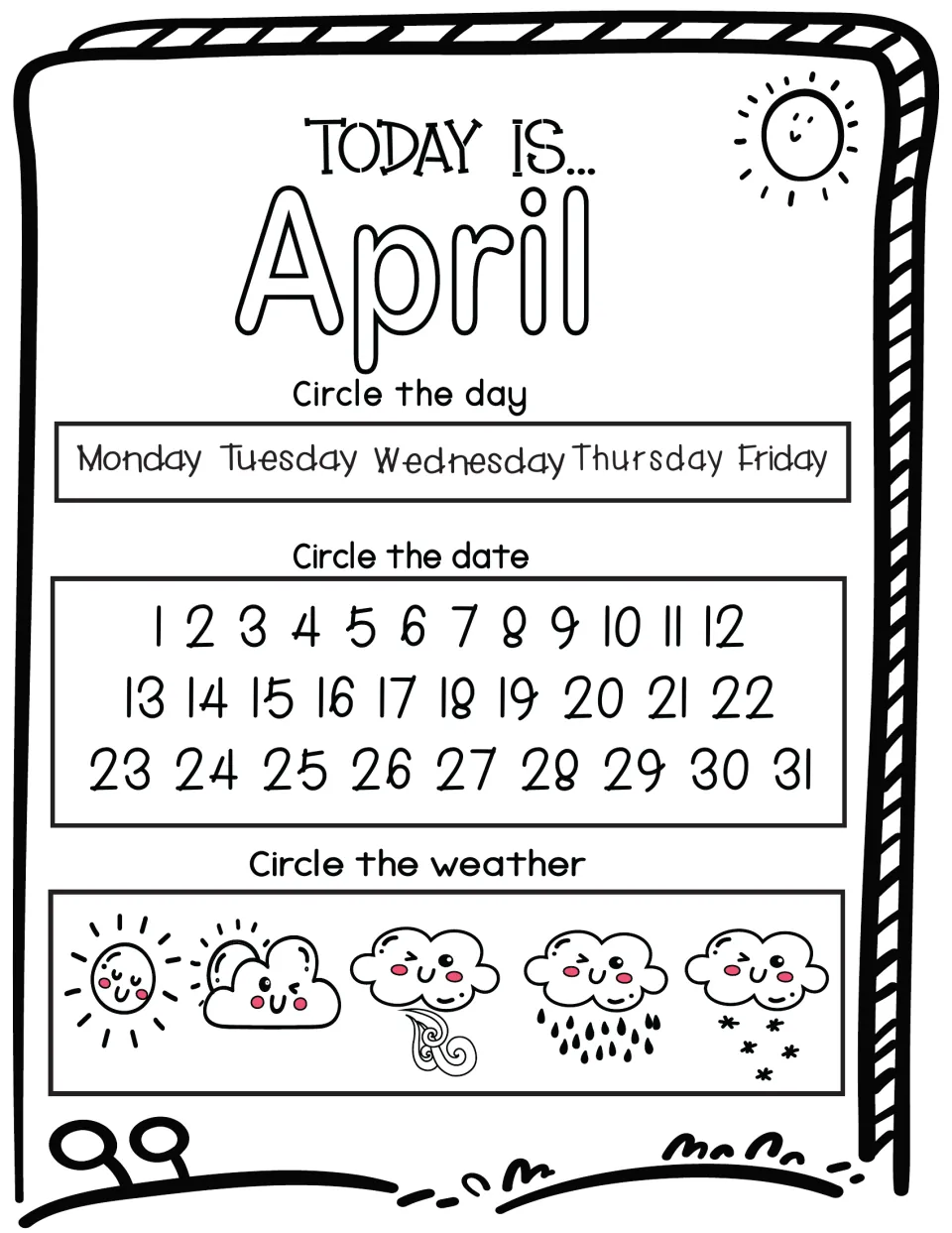 April 'Today is...' page for practising days of the week, dates 1 to 31 and weather words by circling each answer