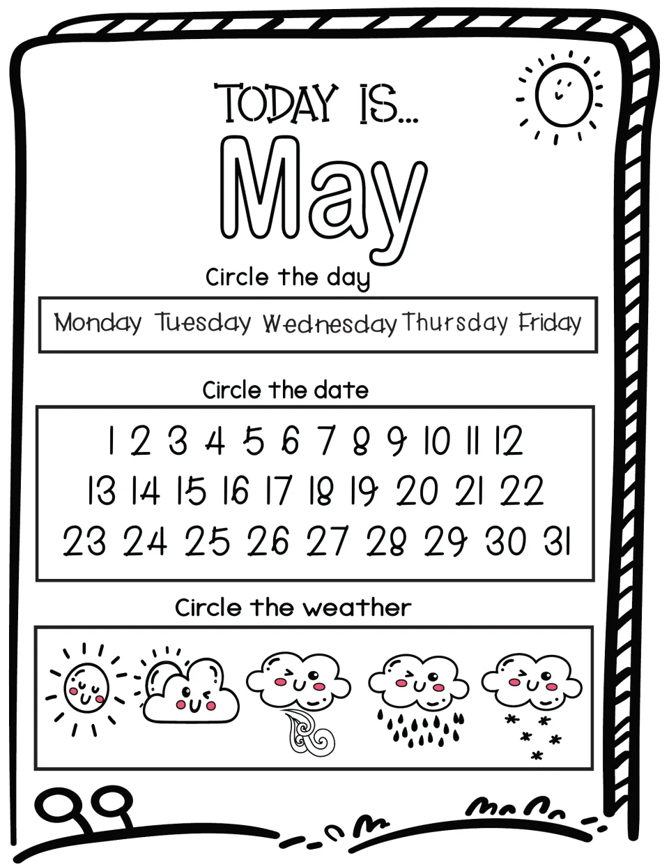 May daily check-in: students circle the school day, today's date from 1 to 31 and one of five cartoon weather icons