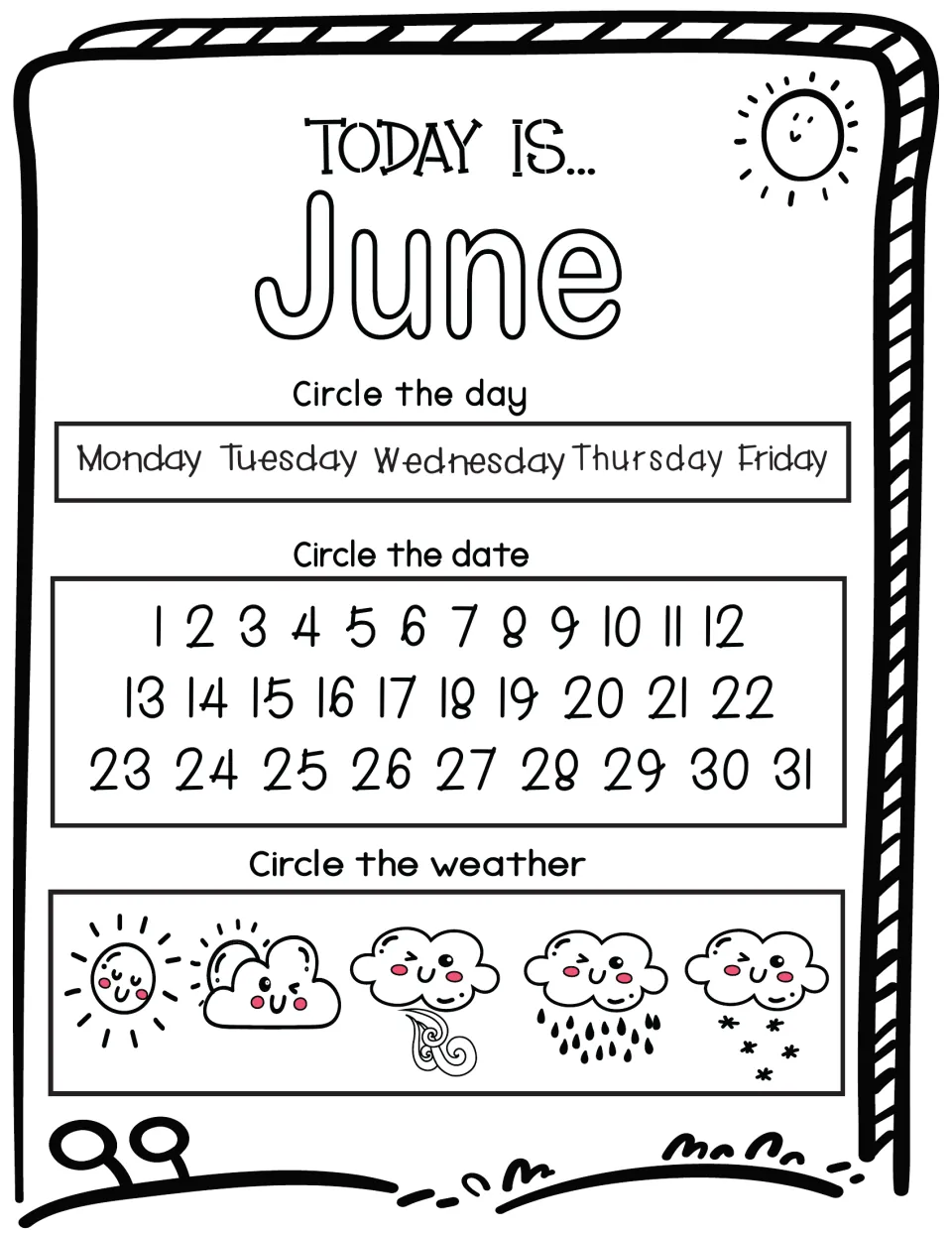 June calendar practice: children name today by circling a weekday, a date number and the matching weather picture