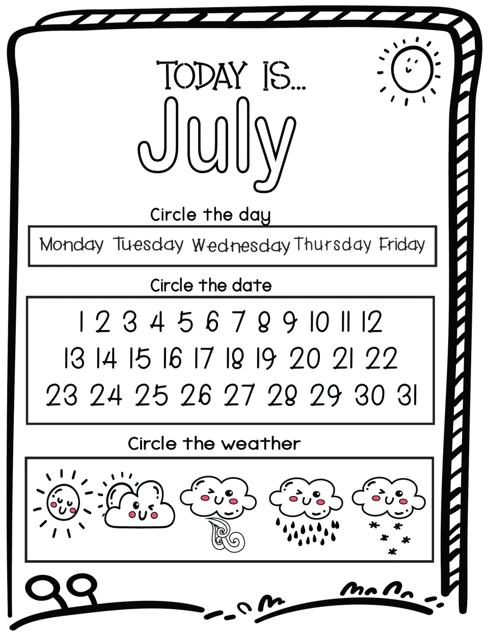 July 'Today is...' sheet: students circle Monday through Friday, the date 1-31 and sunny, windy, rainy or snowy skies