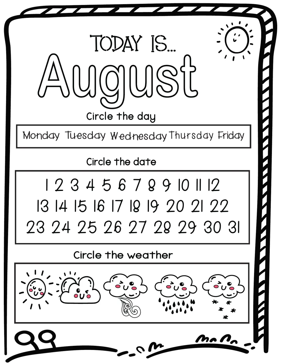 August daily calendar: students circle the weekday and date, then observe the sky and circle the weather symbol
