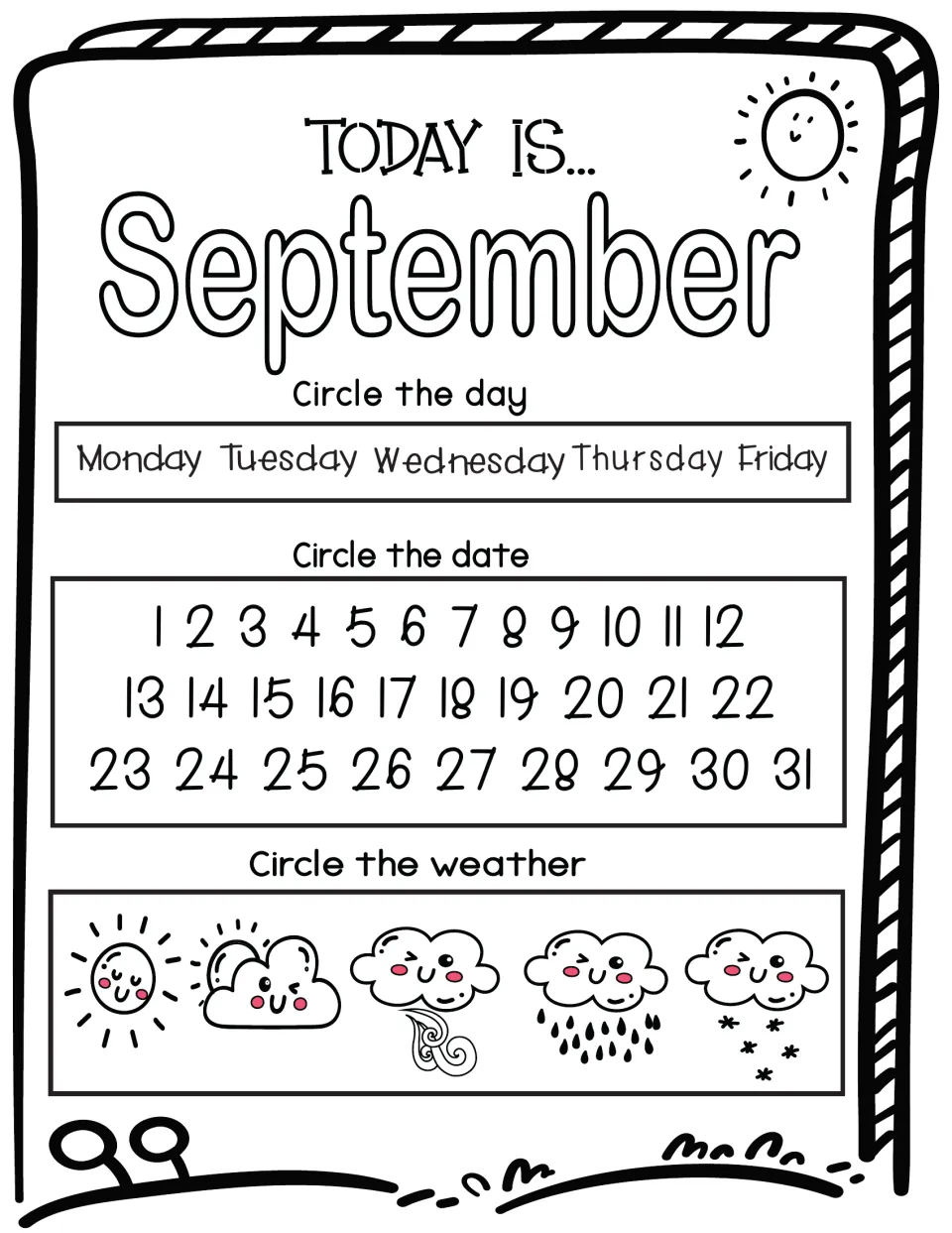 September 'Today is...' calendar with a bubble-letter month name; students circle weekday, date and today's weather