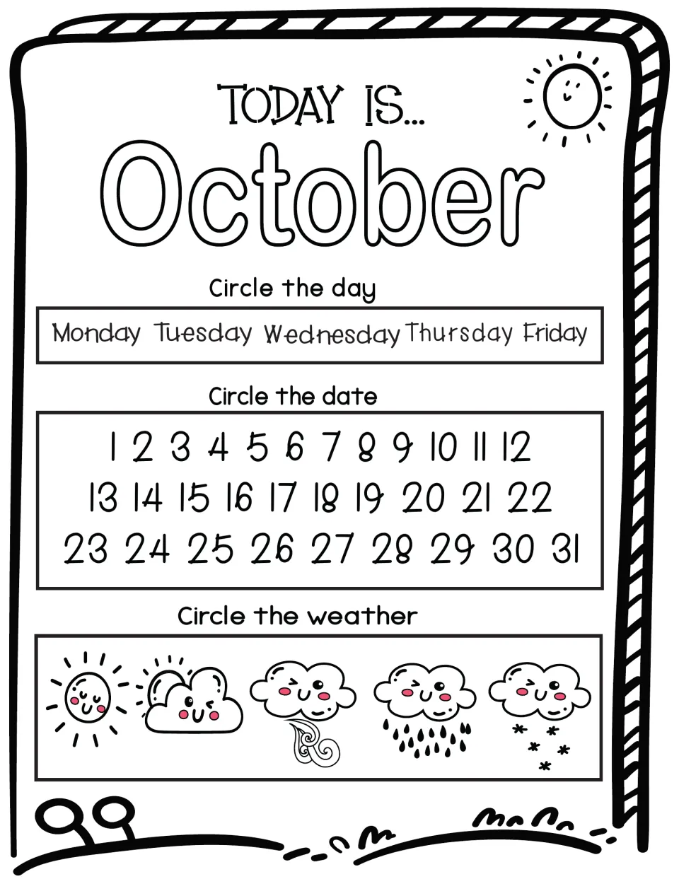 October calendar review: students circle today's weekday from Monday-Friday, the date 1 to 31 and the weather icon
