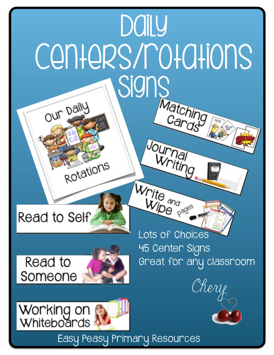Cover for 45 classroom center signs, showing Read to Self, Read to Someone, Journal Writing and Write and Wipe sign strips
