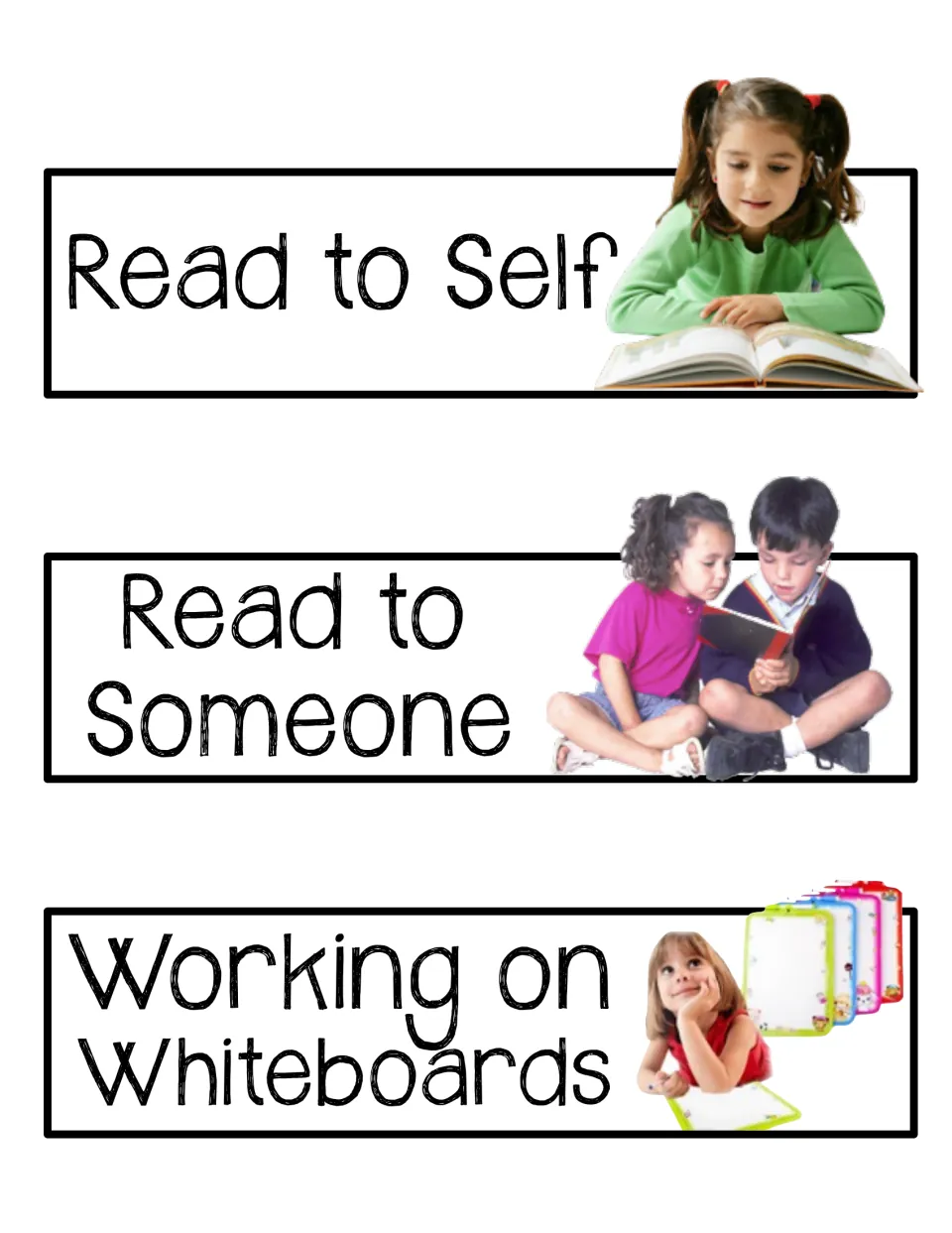 Reading and whiteboard center signs: Read to Self, Read to Someone and Working on Whiteboards, each with a photo